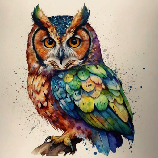 Unknown prompt Make me a picture of a colorful and beautiful owl in watercolor