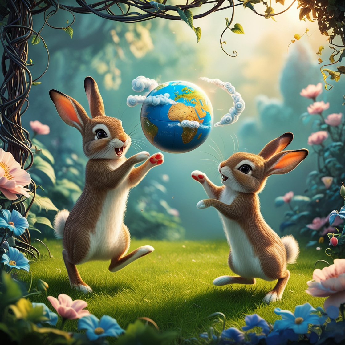 Two little mischievous rabbits, rendered in vibrant digital art, frolic in a lush, whimsical garden, surrounded by towering flowers and twisted vines, as they engage in a joyful game of catch with a ball that resembles a miniature globe, its surface adorned with tiny continents and swirling clouds, evoking a sense of wonder and adventure, against a warm, sunny backdrop of soft greens and blues, with hints of golden light peeking through the foliage, capturing the carefree essence of childhood play.