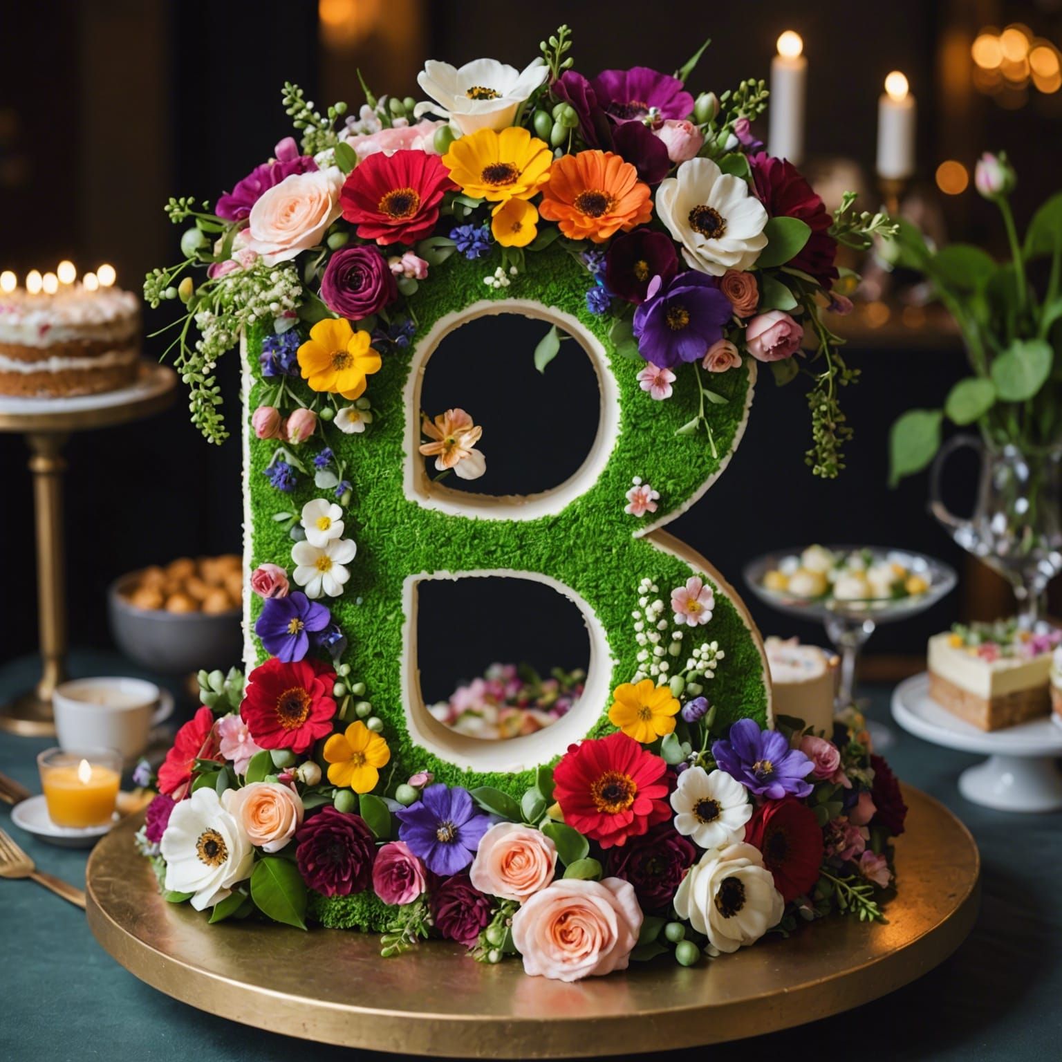 A stunningly designed birthday cake with the number 45 on it and the cake has edible flowers. The cake is placed on a ...