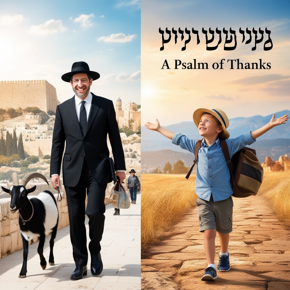 The picture is divided into two, where in one part of the picture you see a Jewish man with a black hat and a black suit and black pants walking with a goat by his side and he is walking against the background of an ancient city with a smile beaming on his face and in the other part a small boy with a sun hat on his head and he is in the middle of a walk with a bag on his back and outstretched arms upwards and his face looks to the sky and behind him a beautiful landscape and in the background of the picture the inscription in Hebrew A Psalm of Thanks