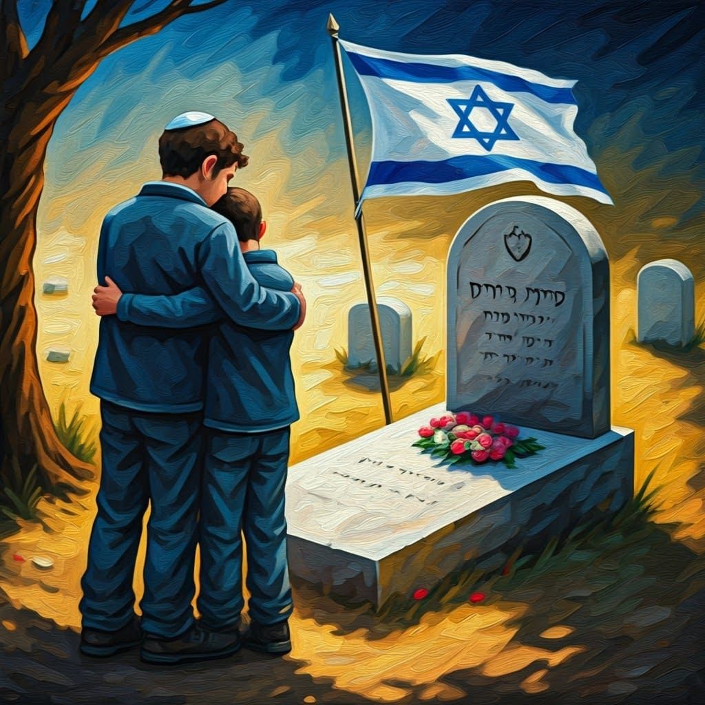 An older brother hugs his younger brother as they stand by their father's grave. On the grave there is a Star of David a...