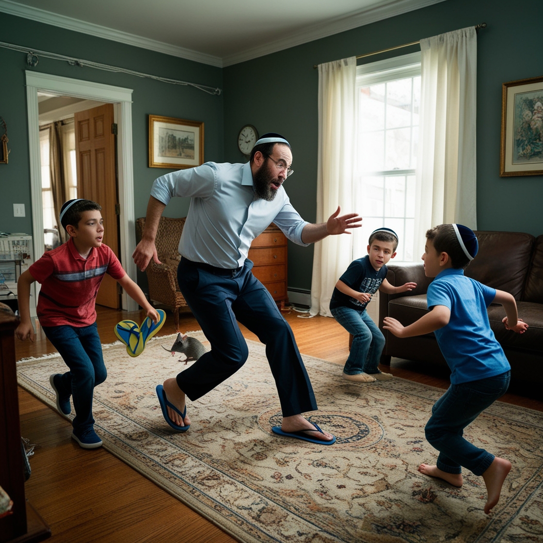 A Torah observant Jewish man chasesA messy house in which a Torah-observant and mitzvot Jewish man is nervously chasing a mouse with flip-flops and his two young sons chasing him a mouse with flip flops and his two young sons chase him