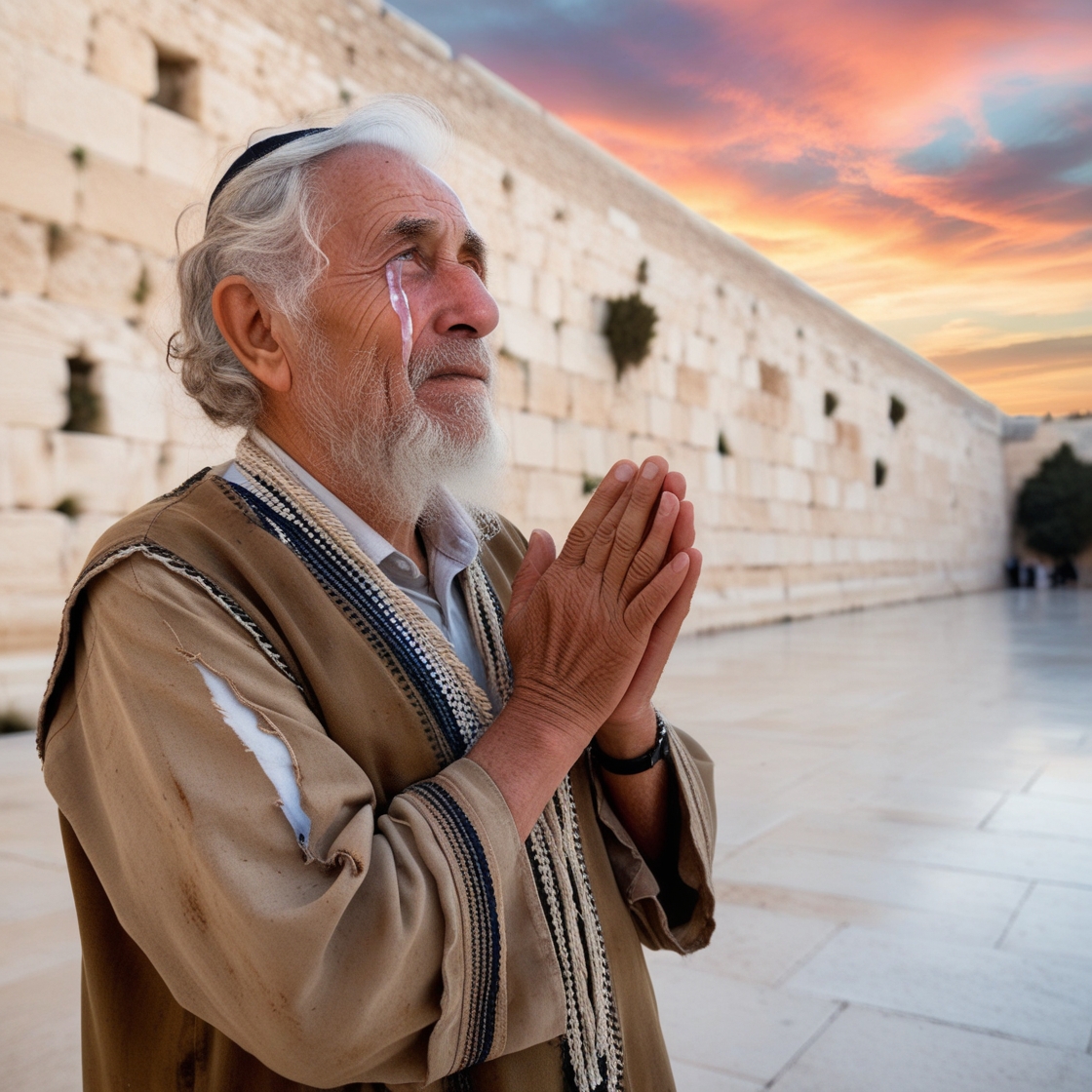 A weathered, seventy-year-old man with a wispy white beard and a worn, earth-toned kaftan, adorned with traditional tzitzit fringes, stands on the sun-kissed Western Wall plaza, his wrinkled hands clasped together in reverence, a prominent tear in the fabric of his shirt exposed near his heart. His eyes, a deep, sorrowful brown, glisten with a single, reflective tear as he gazes upwards, mesmerized by the vibrant, warm hues of the setting sun, its radiant orange and pink tones casting a gentle glow on his time-etched face, weathered from years of devotion and contemplation. The ancient stone wall behind him, a sturdy backdrop of history and faith, echoes the reverence in his stance, as the sky above transforms into a kaleidoscope of colors, a breathtaking testament to the beauty of the Divine.