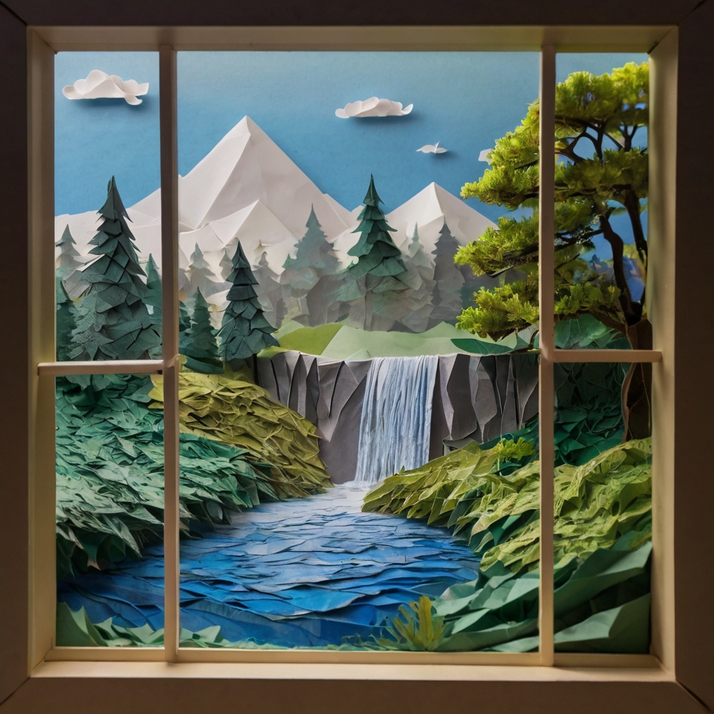 Create for me an origami picture of a landscape that is reflected through the window when seen from the perspective of the person looking at the window when the landscape is a crazy landscape of a waterfall with lots of vegetation around and a clear and beautiful sky and everything is made of paper folds seen through the window