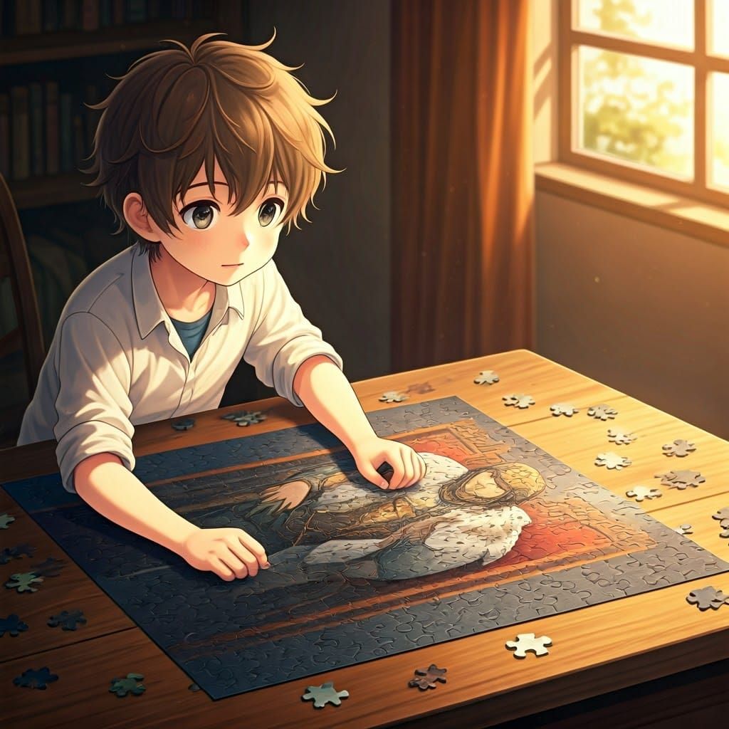 Cute boy putting together a big puzzle. In the puzzle you see a handsome king sitting on a royal chair in the medieval s...