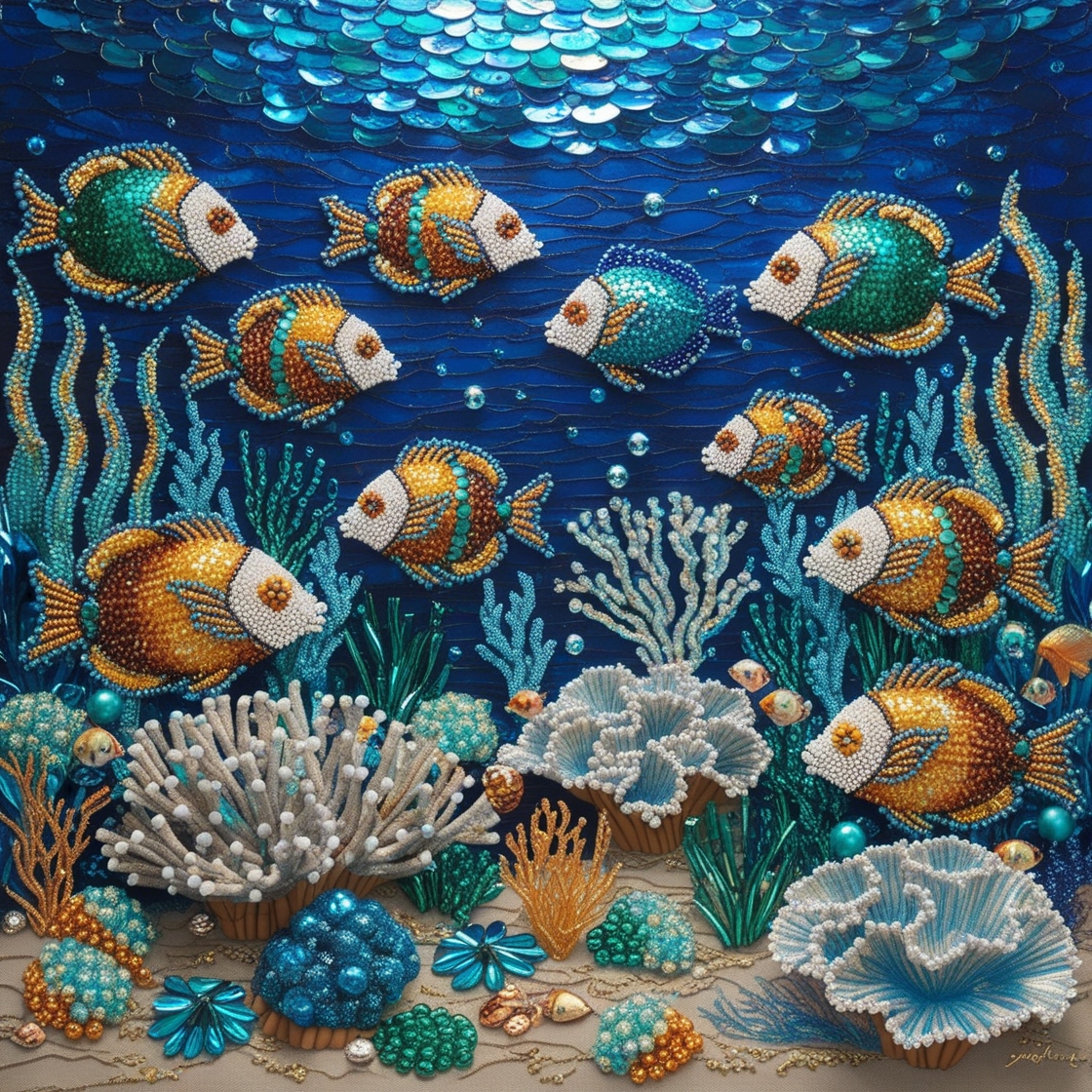 A vibrant underwater scene rendered in mesmerizing beadwork art, featuring the floor of the ocean teeming with colorful coral formations and an array of exotic fish, each meticulously crafted from hundreds of large, shimmering beads in hues of turquoise, emerald, and amber, glistening against a backdrop of deep cobalt blue, evoking a sense of iridescent wonder, with intricate patterns and textures evoking the beauty of a bygone era, as if plucked straight from a treasure chest.