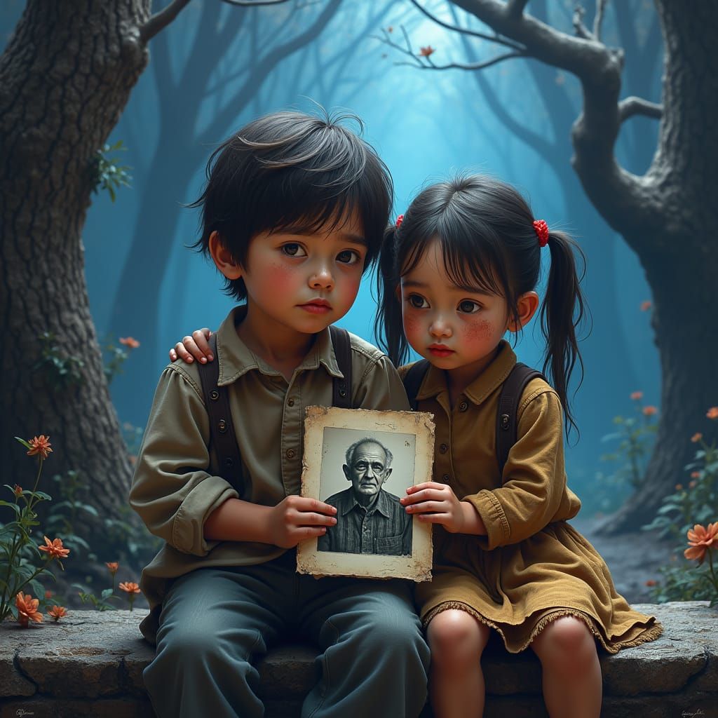 Create for me a picture of a little boy and girl crying and holding a picture of their grandfather who is missing