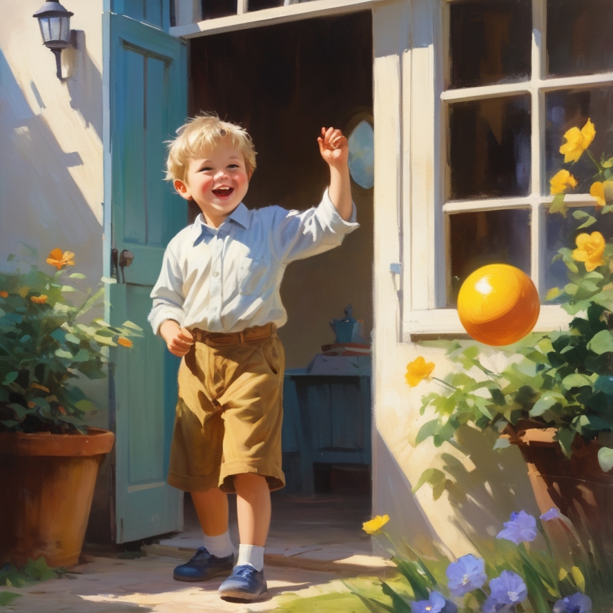 Impressionist oil painting. Medium shot. A little boy plays with a ball in the yard, laughing and happy, as an old man looks out the window and shouts. Close up. Brush strokes, warm colors. Light shines through the window. Vibrant, joyful scene. Masterpiece, ultra-realistic, best quality, Claude Monet, impressionist light, happy colors, fluffy brush strokes, sunlight, vibrant atmosphere.