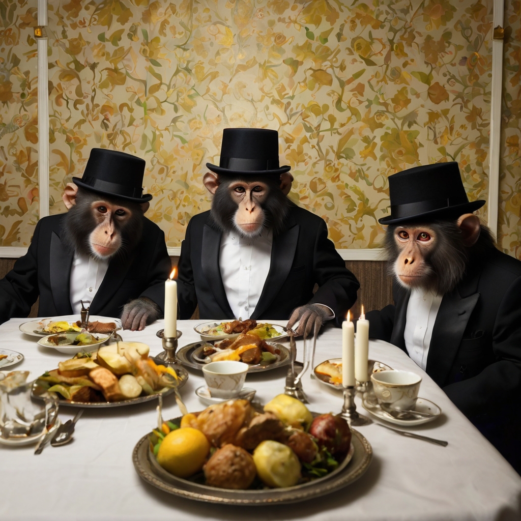 A Shabbat table of monkeys dressed in Shabbat clothes like ultra-Orthodox people with a black round hat and a black suit and food like at a Shabbat meal around a Shabbat table