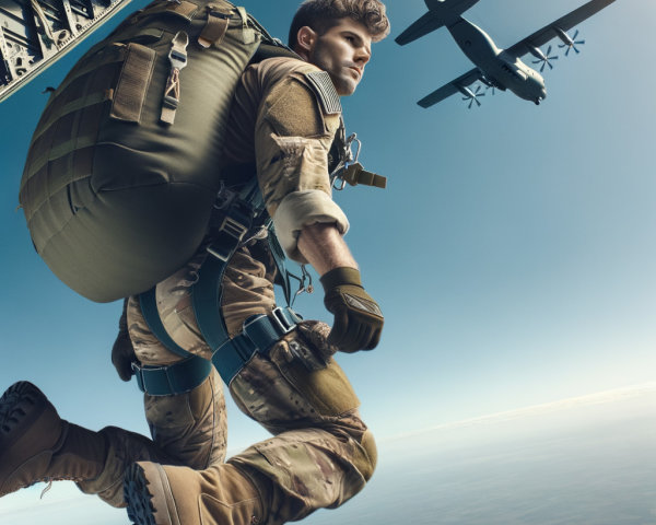 Soldier in Tactical Gear Jumping from Military Aircraft