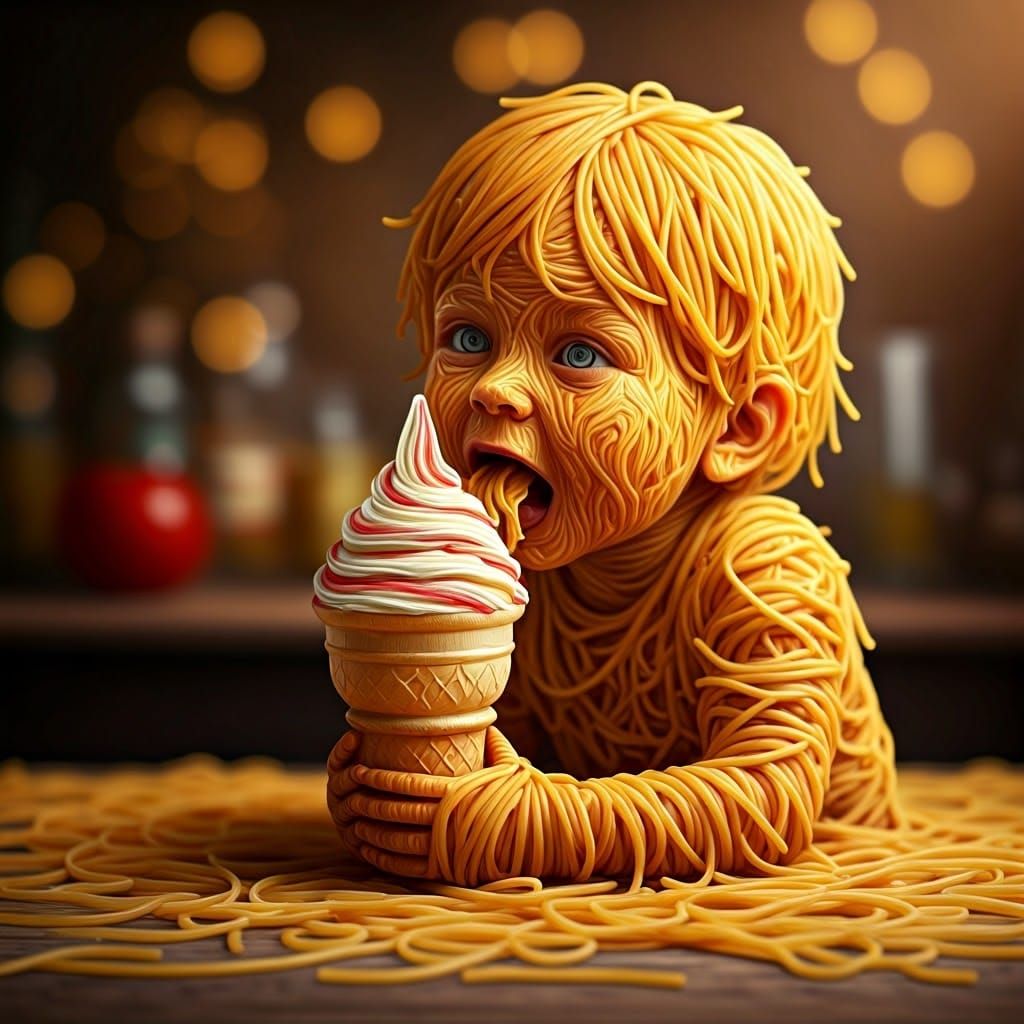 A figure of a child made of spaghetti and eating spaghetti ice creamA headshot style in action was created