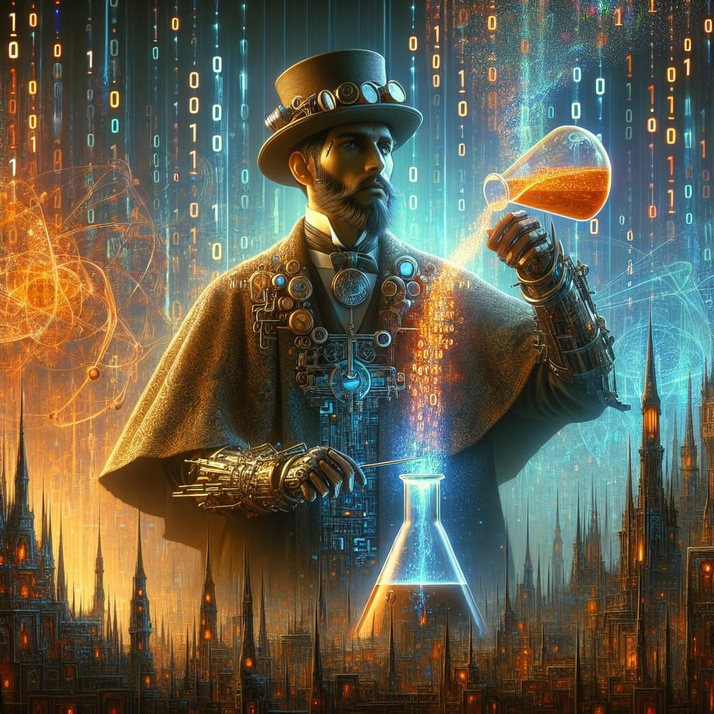Steampunk portrait artistic image of data scientist pouring binary data into a conical flask